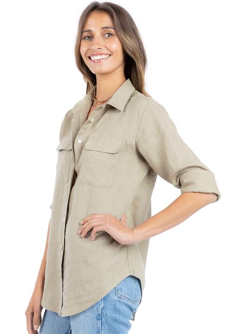 Lete Linen Khaki Relaxed Linen Shirt With Pockets Camixa