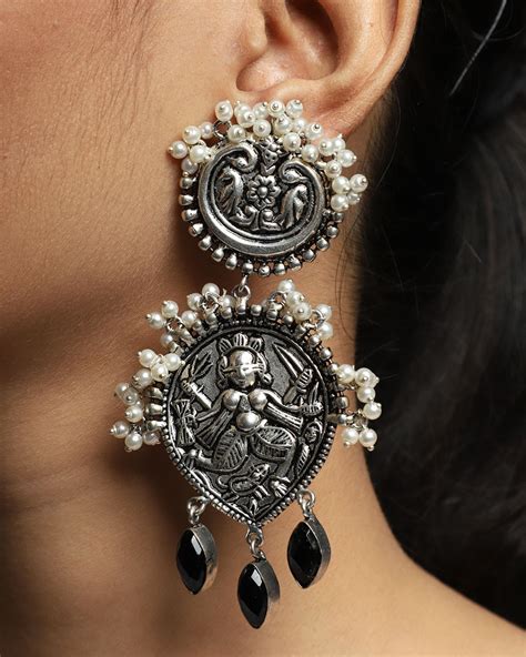 Pearl Beaded Engraved Oxidized Earrings By Namasya The Secret Label