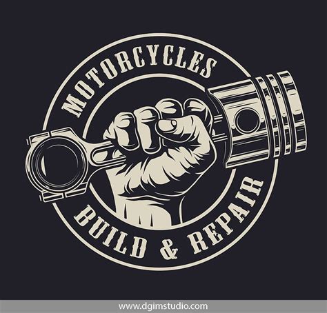 Vintage Monochrome Motorcycle Emblem With Male Hand Holding Engine