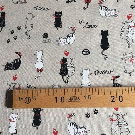 Cotton Fabric Cats Linen Look Canvas Printed Cute Cats In Etsy Uk