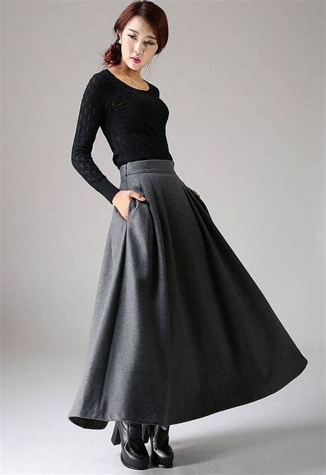 Wool Skirt A Line Maxi Skirt In Gray Winter Skirt Long Etsy Pleated
