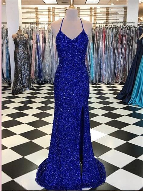 Royal Blue Sequins Long Sexy Sparkly Prom Dress Gown Low Back Evening Dolly Gown