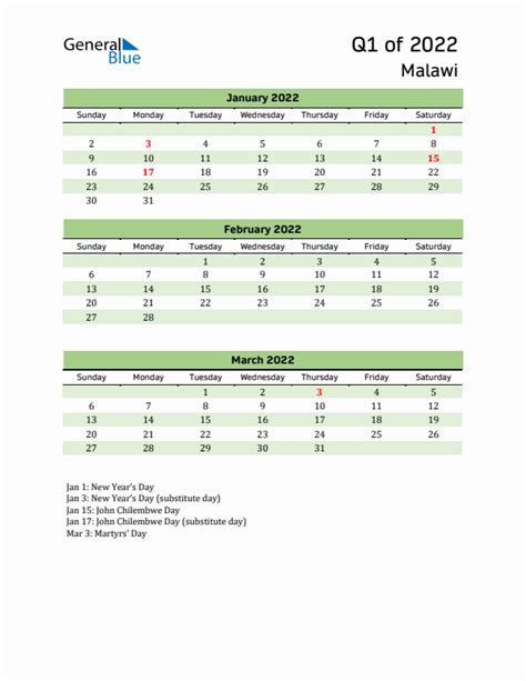 Q1 2022 Quarterly Calendar With Malawi Holidays