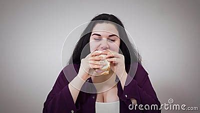 Positive Caucasian Obese Girl Eating Sandwich Plump Woman With