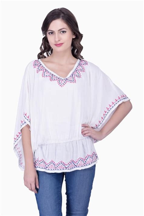 Buy White Embroidered For Womens Party Wear Beachwear Tunic Tops Tunics
