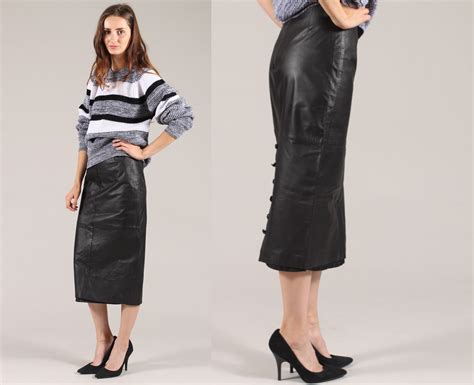 Black Leather Skirt Vintage 80s Midi Pencil High