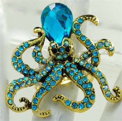 Octopus Ring Turquoise Rhinestones Gold Ring Ocean Jewelry T For Her
