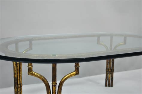 Classic oval living room coffee table. Italian Hollywood Regency Faux Bamboo Gold Gilt Metal Oval ...