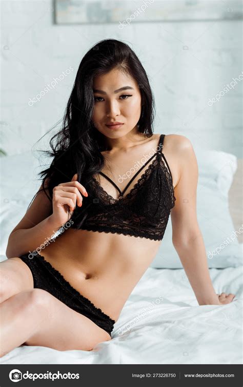 Sexy Thai Woman Lace Black Lingerie Sitting Bed Looking Camera Stock Photo By Haydmitriy