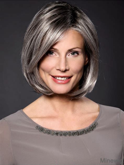 Straight Grey 10 Grey Synthetic 100 Hand Tied Chin Length Wigs For Women