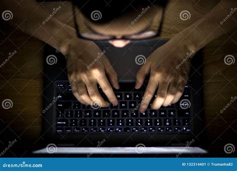 Man Using Laptop In The Dark Stock Image Image Of Addicts Browsing