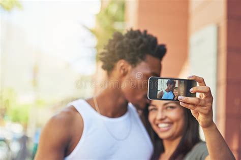 Phone Happy Or Black Couple With Selfie Kiss For Love Happiness Or Bonding In City Street Or
