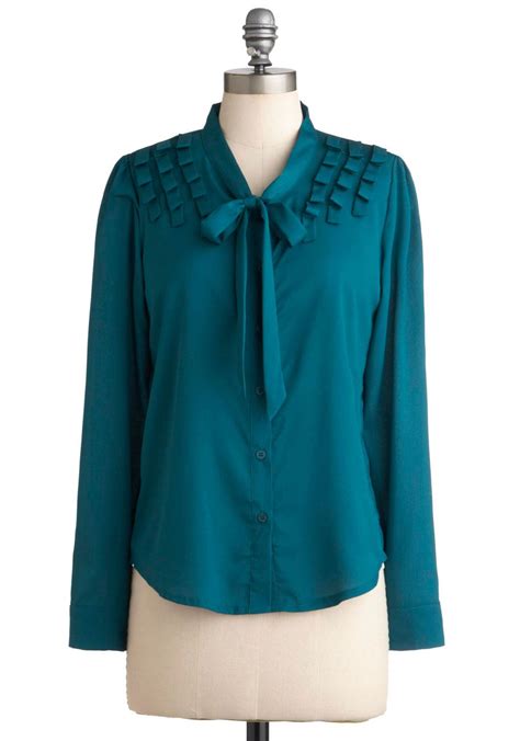 Teal Be Together Top Mid Length Blue Buttons Tie Neck Long Sleeve