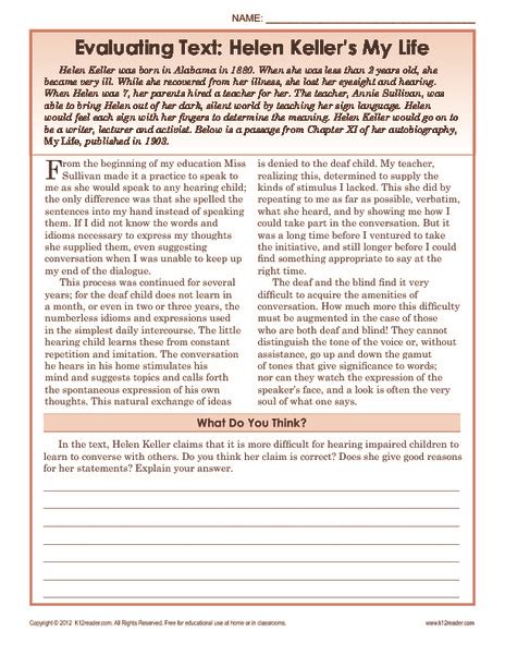 Evaluating Text Helen Kellers My Life Worksheet For
