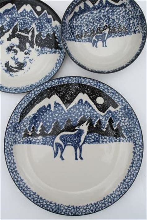 Tienshan Folk Craft Lone Wolf Stoneware Dishes Set For 8 Spongeware