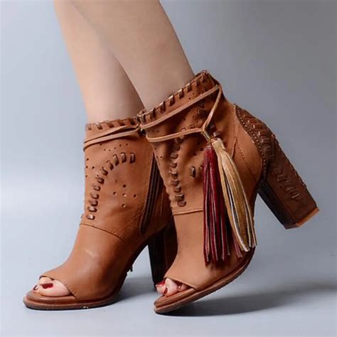 2017 Vintage Open Toe High Heel Cowboy Booties Mujer Fringe Embellished