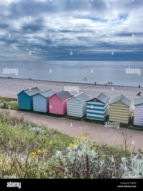 Cotton Candy Coloured Beach Huts In Budleigh Salterton Stock Photo Alamy