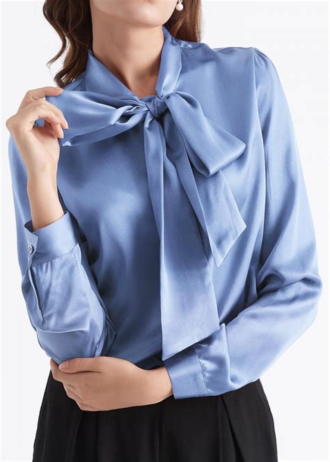 women bow tie neck silk blouse bluse