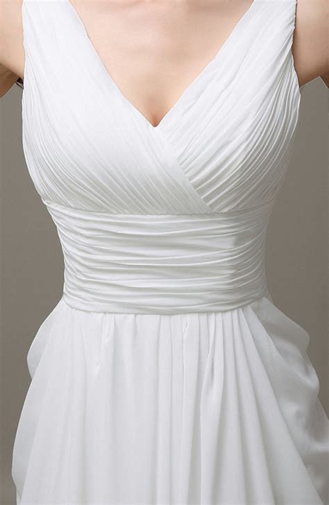 V Neck White Chiffon Long Simple Beach Wedding Dresses Okdresses