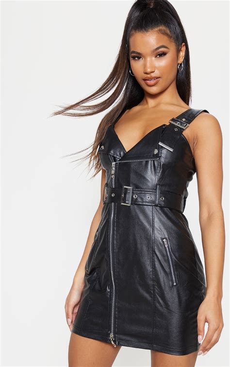 Black Faux Leather Buckle Bodycon Dress Prettylittlething