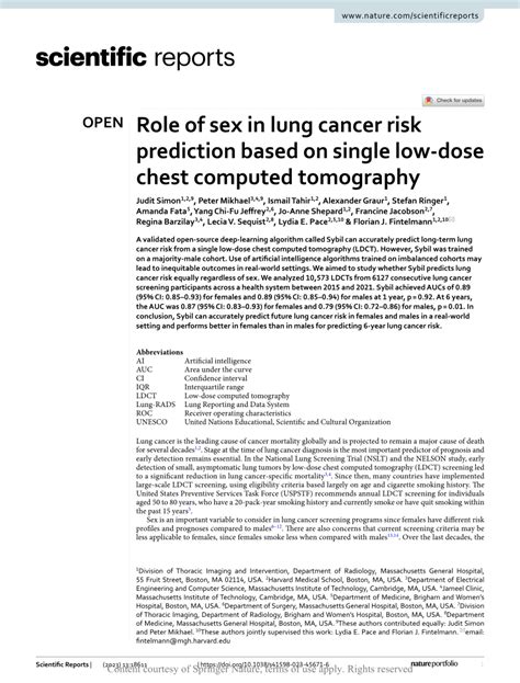pdf role of sex in lung cancer risk prediction based on single low dose chest computed tomography