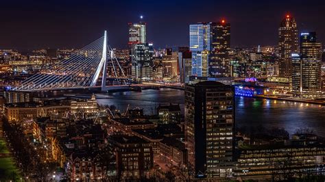 Pictures Rotterdam Netherlands Bridge Rivers Night Time 1920x1080