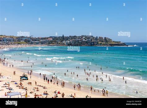 bondi beach sydney australia crowded bondi beach in summer 2023 beachgoers sunbathe and swim
