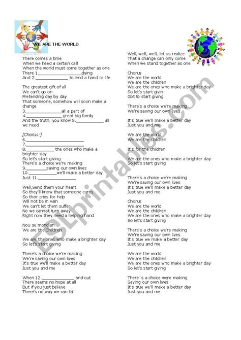 Song We Are The World Esl Worksheet By Sandrasilvia