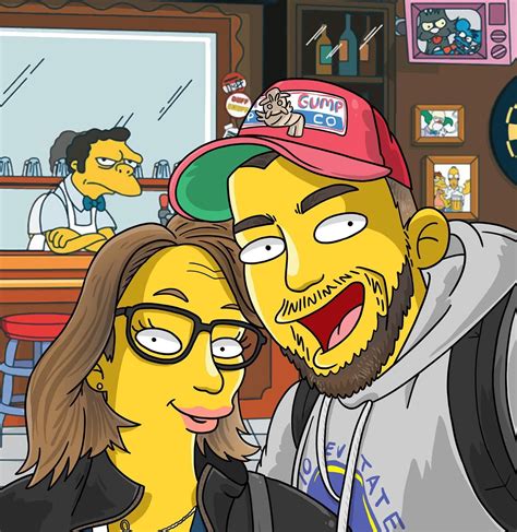 a man and woman are standing in front of a bar with the simpsons on it