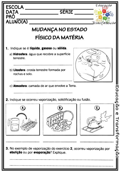 Ciências matéria Atividade sobre matéria e os seus estados físicos