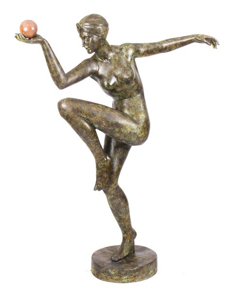 Vintage Art Deco Bronze Statue Of Dancing Lady With Ball Late 20th Cent
