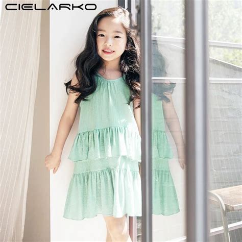 Cielarko Cotton Kids Dresses Sleeveless Solid Green Girls Dress For 5
