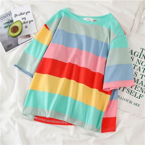 Ardorlove Rainbow T Shirt Female Korean Harajuku Casual Loose Rainbow Striped T Shirt Women S