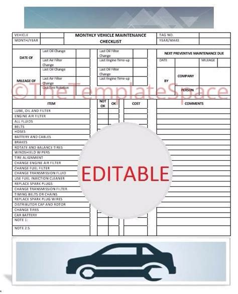 Editable Monthly Vehicle Maintenance Checklist Printable Template By