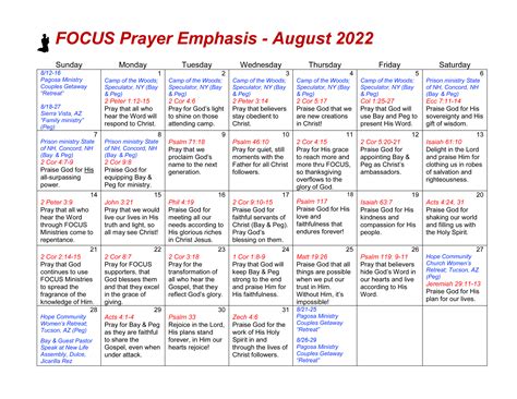 Focus Prayer Calendar August 2022 Focus Ministries