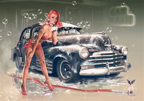 Vintage Classic Cars And Girls Car Wash By Emile Noordeloos Pin Up