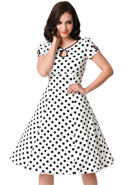 White Black Dotted Gril Short Sleeve 50s Swing Dress