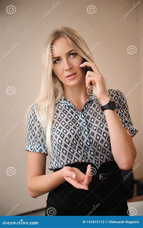 Beautiful Business Woman Talking On Mobile Phone Young Female Model Work With Sales In Bright