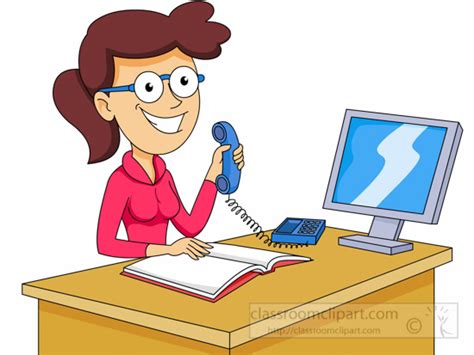Cartoons Clipart Receptionist Sitting At Desk Holding Telephone