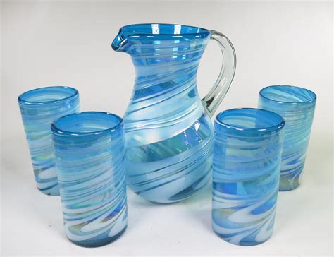 Mexican Glass Set Pera Pitcher With Four 18oz Tumblers Turquoisewhite Swirl