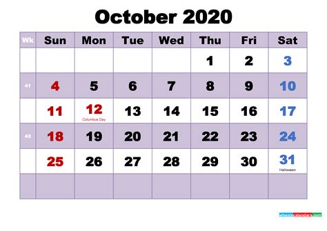 October 2020 Printable Calendar With Holidays Nar Media Kit