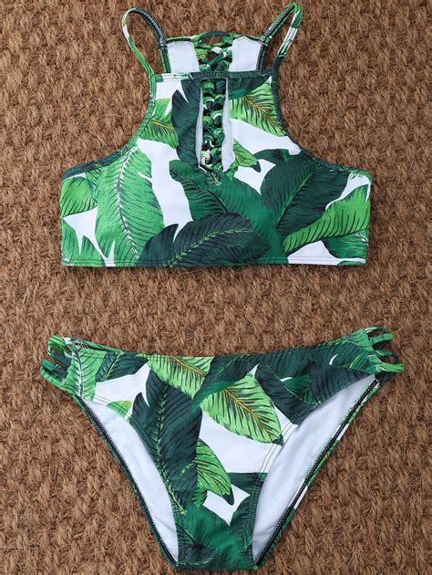 Palm Leaf Print High Neck Keyhole Bikini Green L High Neck Swimwear