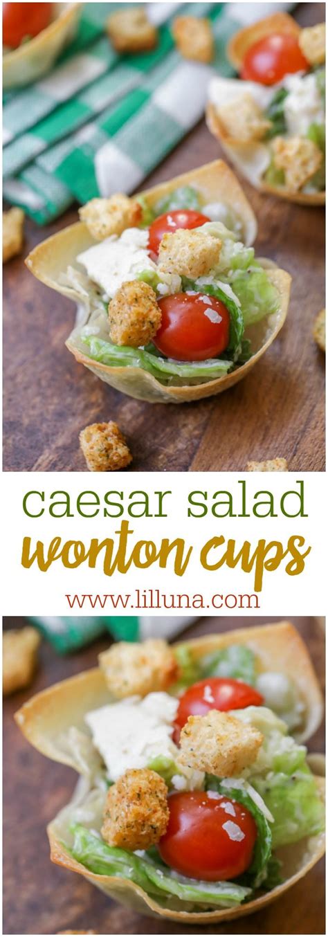 A little bit of romaine lettuce chopped fine, dressing, salt plus pepper and parmesan mixed together becomes your salad. Caesar Salad Wonton Cups | Recipe | Appetizer recipes ...