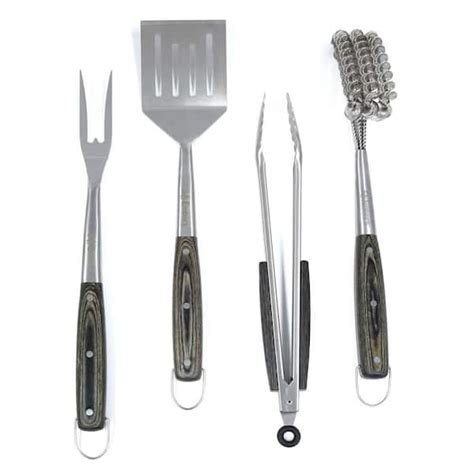 3 Embers Stainless Steel 4 Piece Grilling Tool Set With Pakkawood