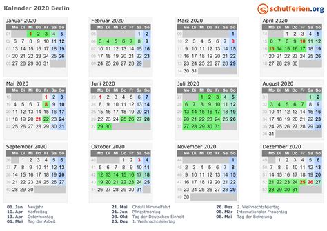 Kalender 2020 Ferien Berlin Feiertage