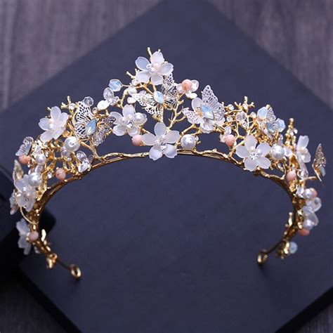 Butterfly Opal Marquise Crystal Tiaras Crowns White Flower Pearl