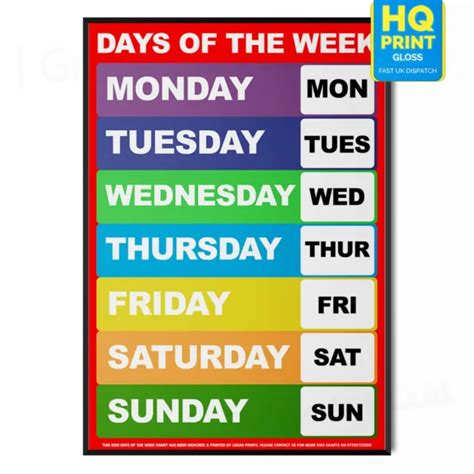 DAYS OF THE Week Classroom Wall Chart Educational Poster A5 A4 A3 A2