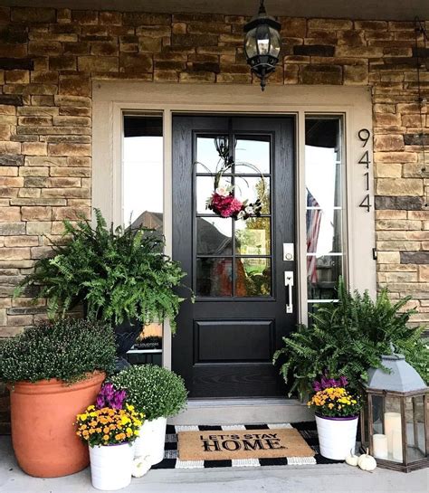 Black Farmhouse Style Front Door With Sidelights Front Porch