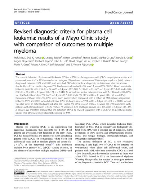 Pdf Revised Diagnostic Criteria For Plasma Cell Leukemia Results Of