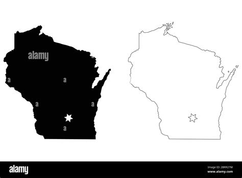 Wisconsin Wi State Map Usa With Capital City Star At Madison Black